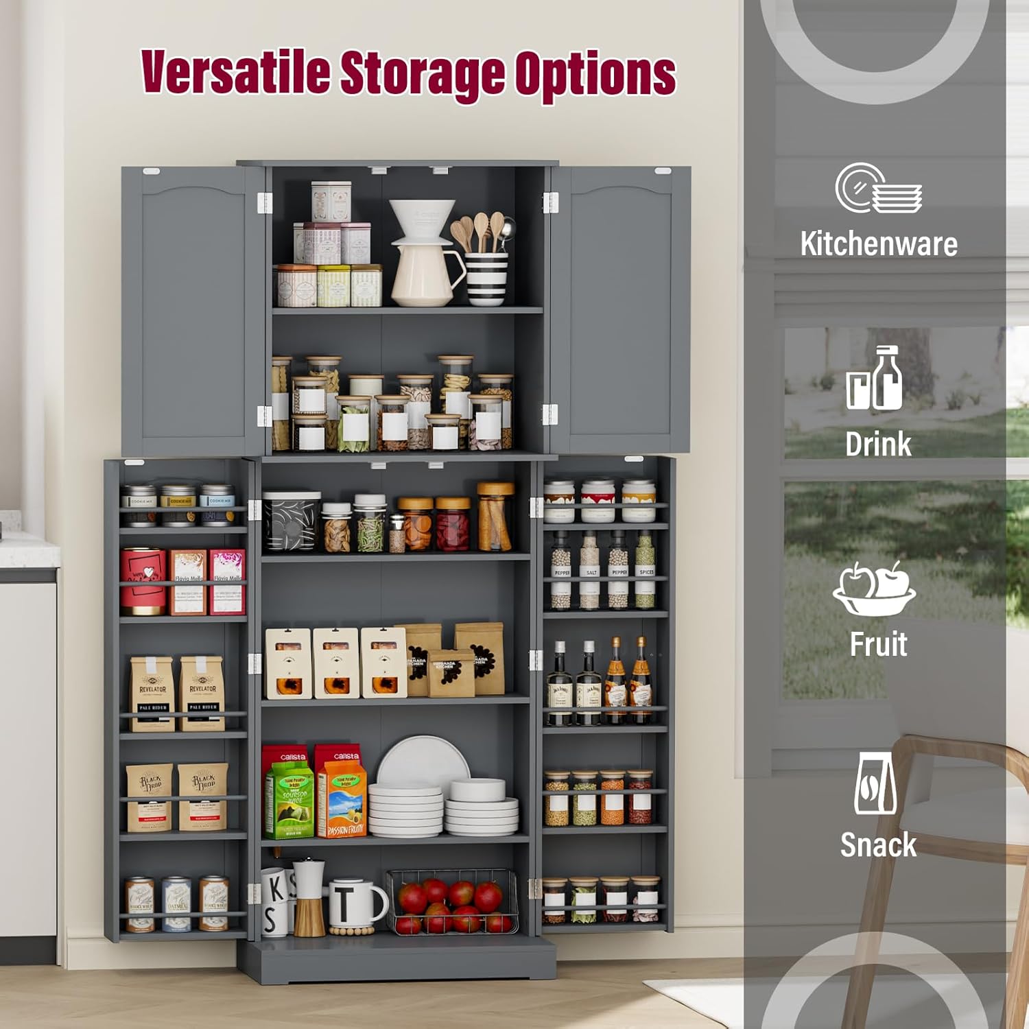Gray Tall Freestanding Kitchen Pantry Cabinet with Doors and Shelves J403067