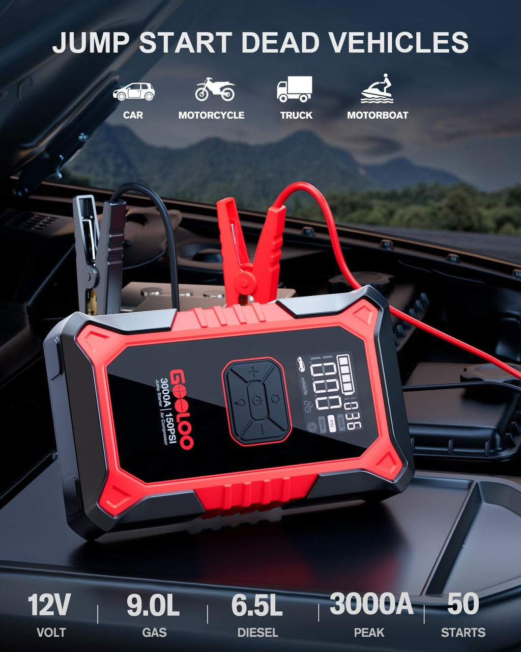 3000A Portable Car Battery Booster with 150PSI Tire Inflator P95064