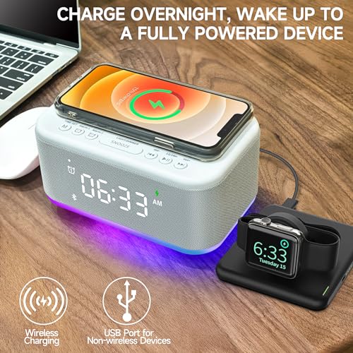 Gray Digital Alarm Clock with Bluetooth Speaker and Wireless Charger H9698