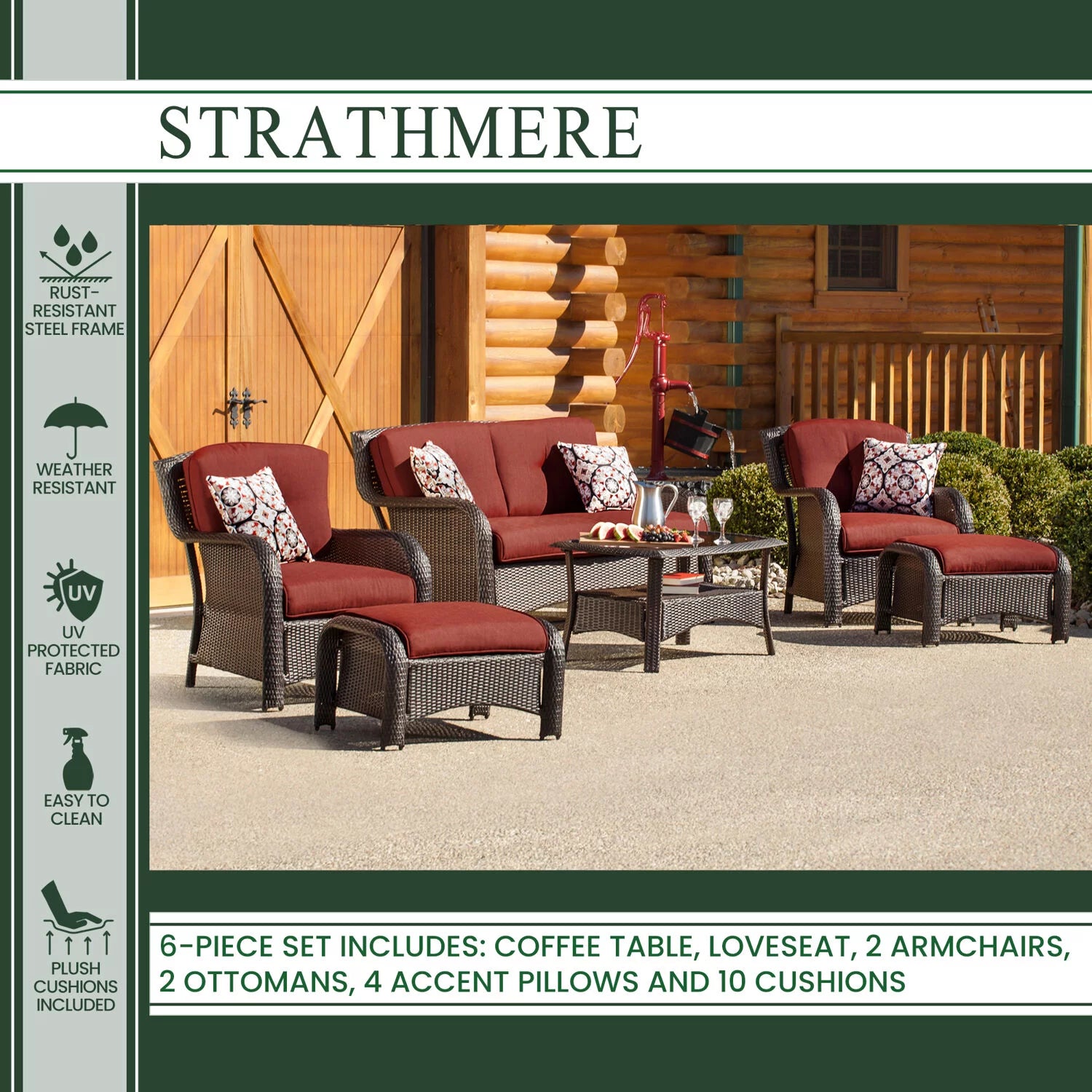 6-Piece Wicker Outdoor Conversation Set, Crimson Red E281055