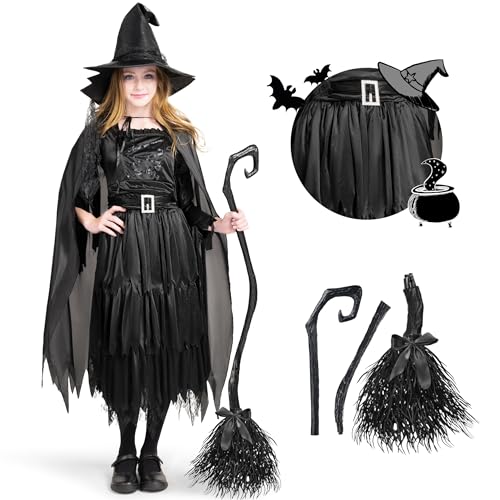 Classic Kids Witch Costume Black Witch Dress with Broom and Hat XL Y930