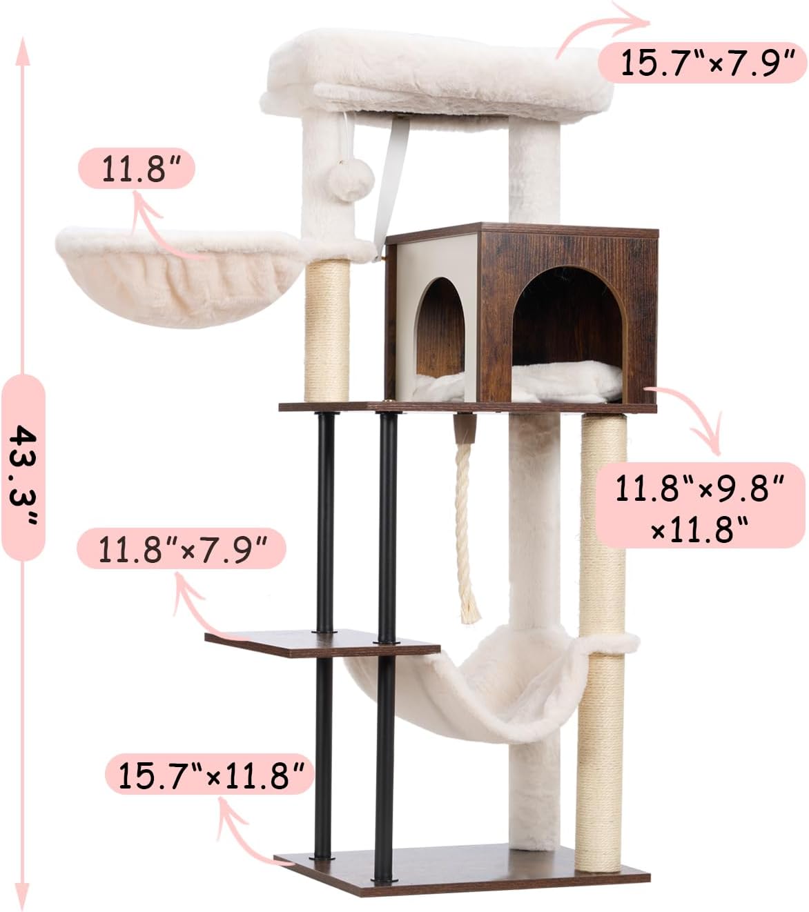 Rustic Brown 43.3in Wood Cat Tree with Sisal Rope Scratching Post T2072