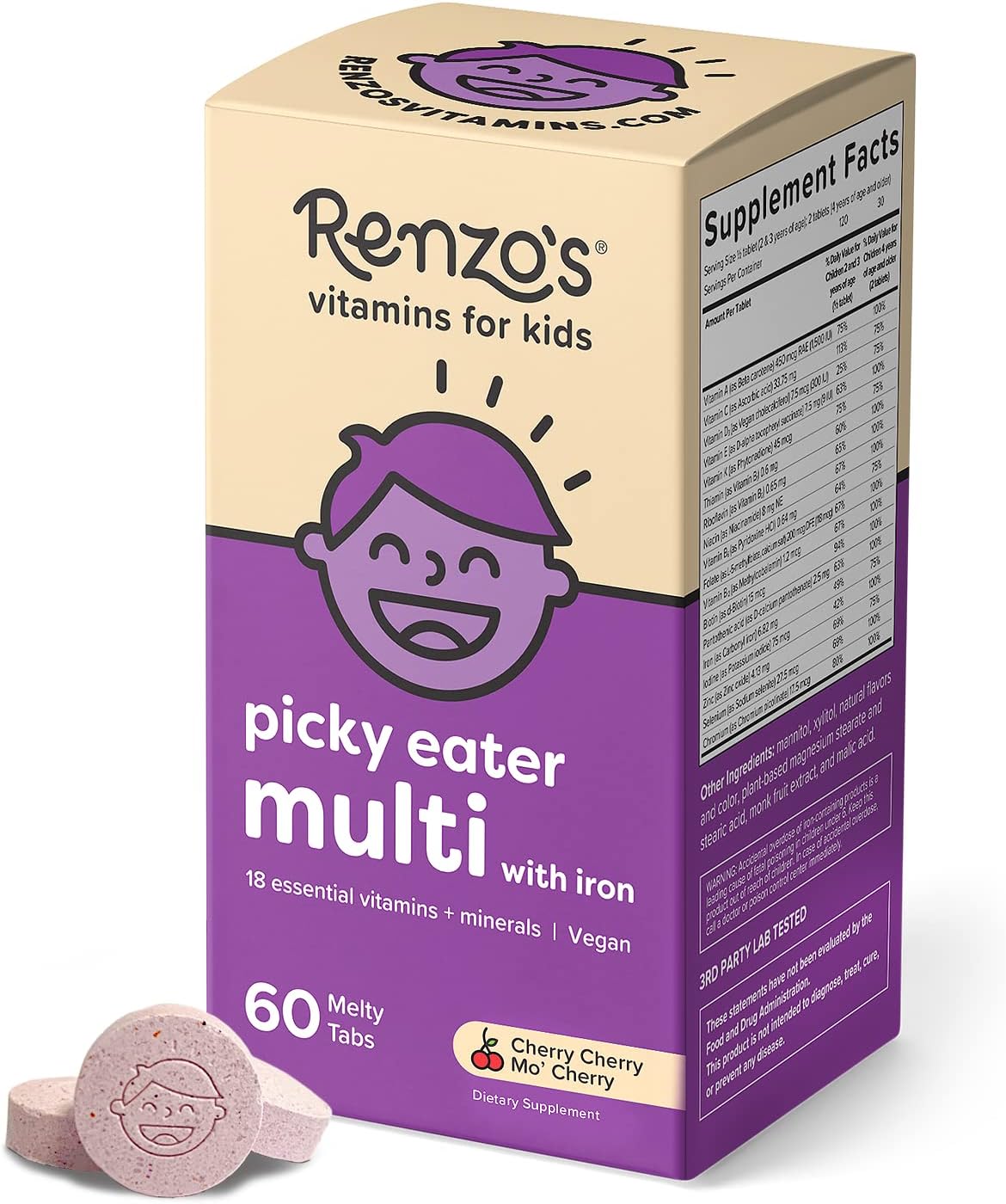60 Sugar-Free Melty Tabs Kids Multivitamin with Iron Q4823