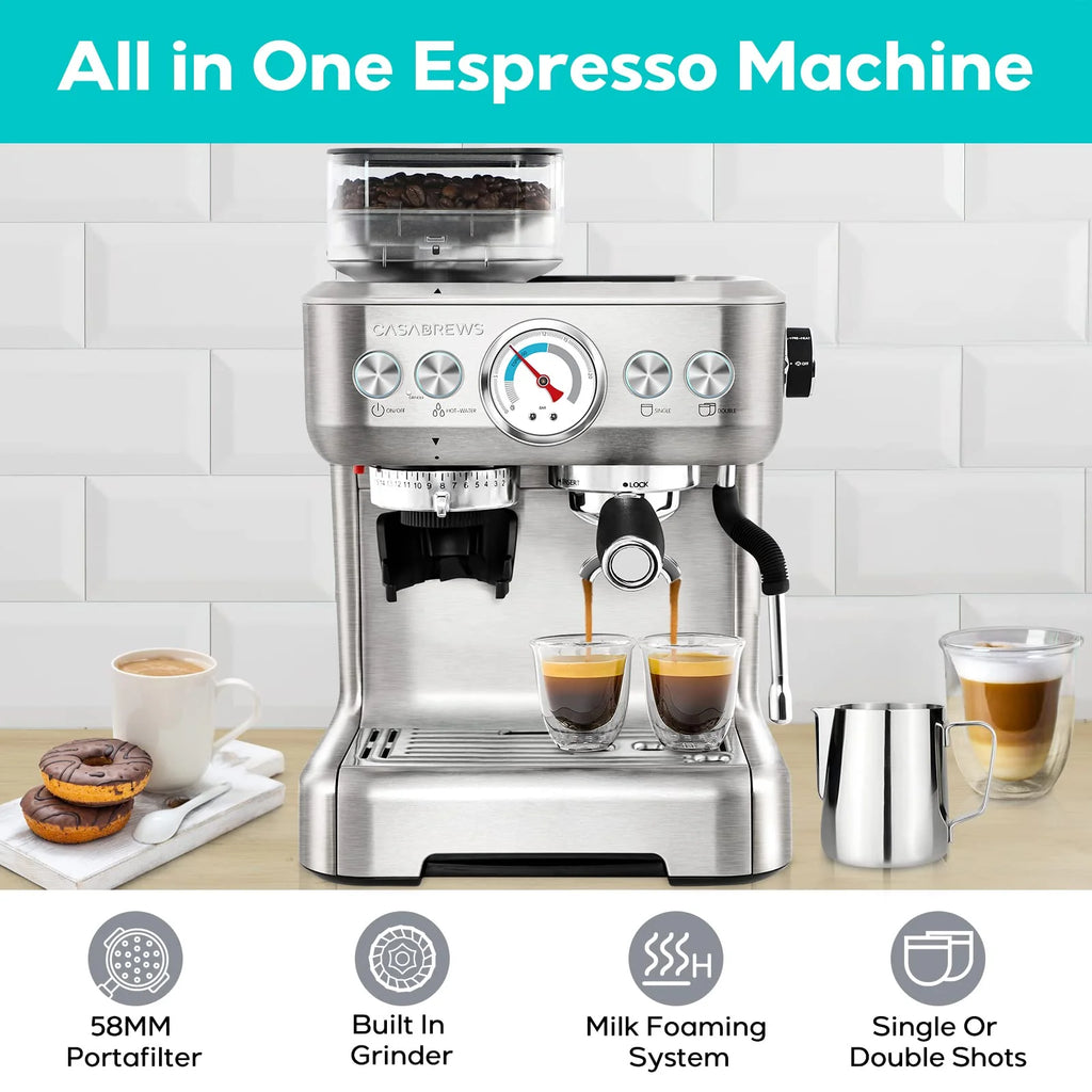 Silver Espresso Machine with Grinder and Milk Frother P1670