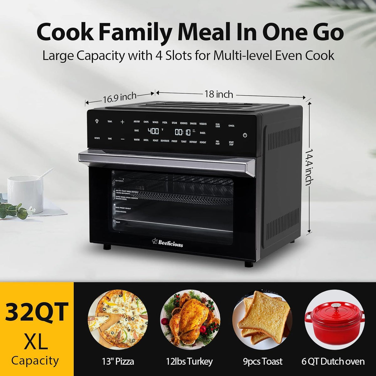 32QT Extra Large Digital Convection Oven Air Fryer Combo with Rotisserie and Dehydrator, Black T466810