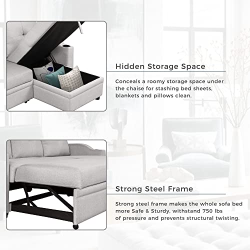 80.3" Linen Fabric 3 Seater Sofa Bed with Storage Chaise W1995