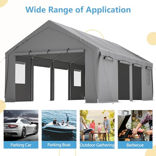Carport 20x12ft Portable Garage with Roll-up Ventilated Windows & Removable Sidewalls F119708