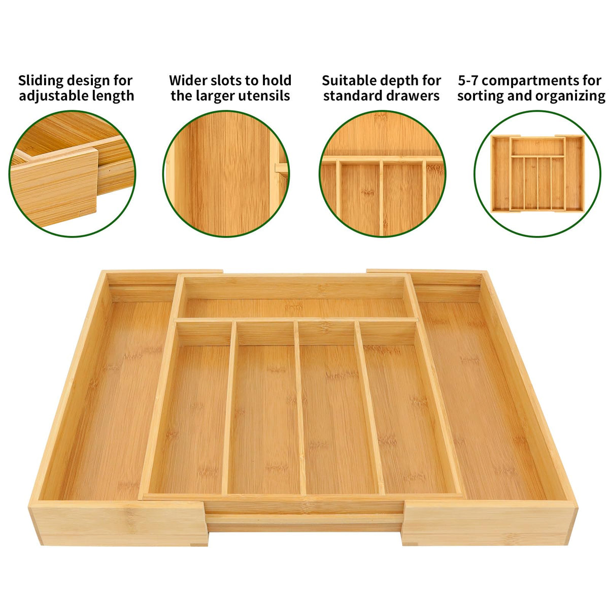 Bamboo Drawer Organizer with Adjustable Dividers, Medium, Brown P439