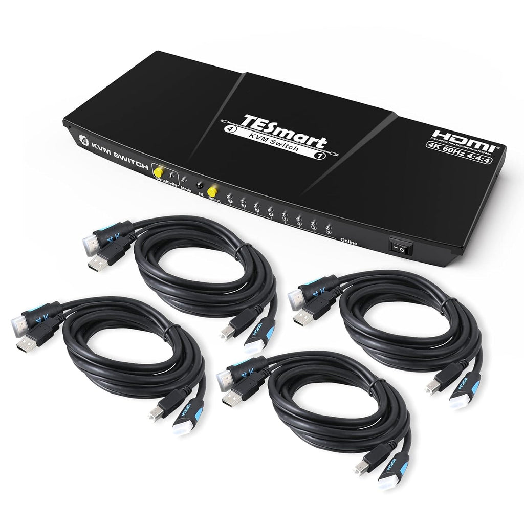 HDMI KVM Switch 4 Port 4K@60Hz Ultra HD 4x1 with 2 Pcs 5ft KVM Cables Black Q696348