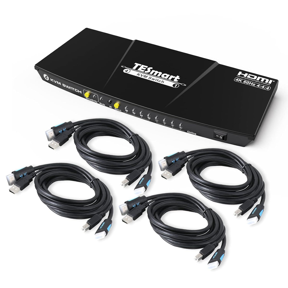 HDMI KVM Switch 4 Port 4K@60Hz Ultra HD 4x1 with 2 Pcs 5ft KVM Cables Black Q696348