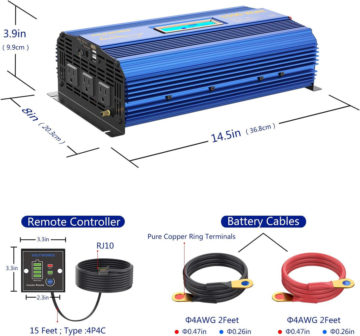 1500W Pure Sine Wave Power Inverter DC 12v to AC 110V-120V with Remote Control LCD Display O291