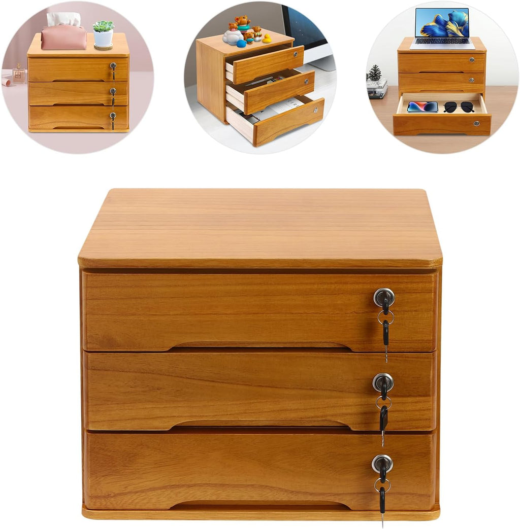 3-Tiers Wooden Desktop Storage Box with Lockable Drawers S937068