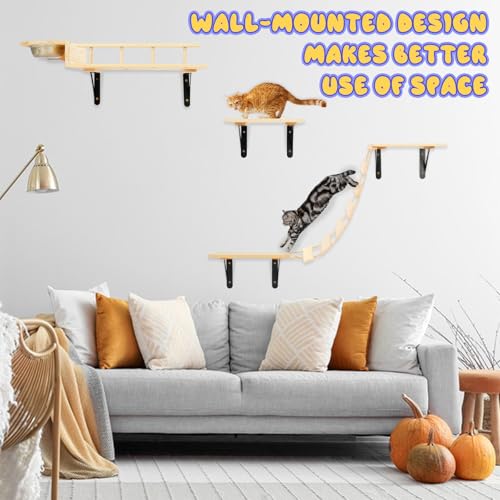 Set of 5 Cat Wall Shelves with 2 Cat Food Bowls, 1 Bridge Ladder & 3 Cat Wall Steps B158875