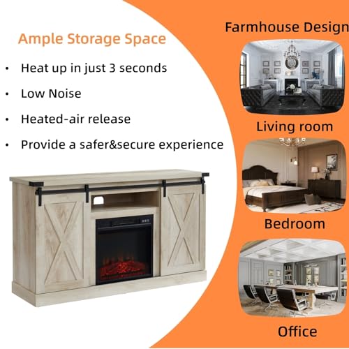 White Oak Electric Fireplace TV Stand with Sliding Barn Door, 54"x15.5"x31" F12897