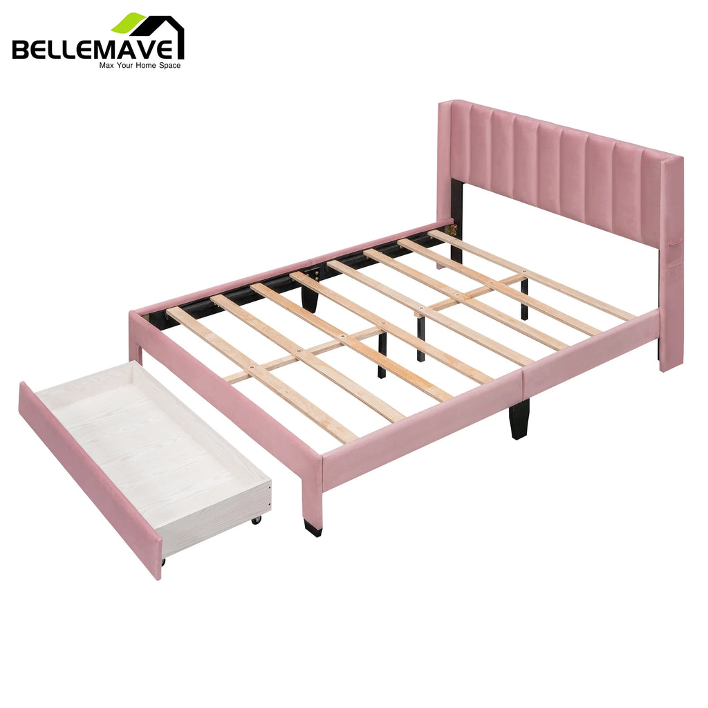 Queen Size Pink Velvet Upholstered Wood Platform Bed with Drawer I9098