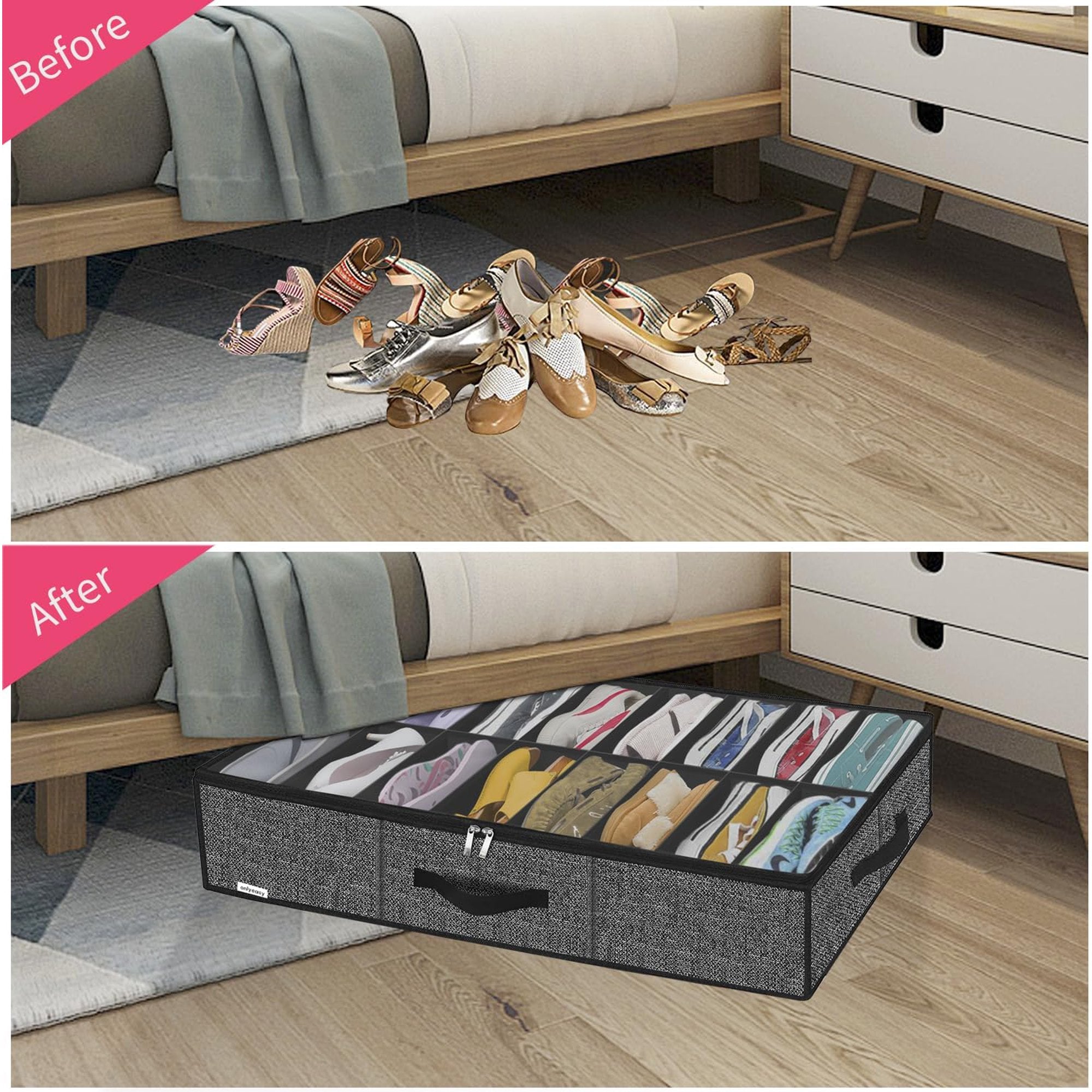 Black Linen-like Underbed Shoe Storage Organizer U8950