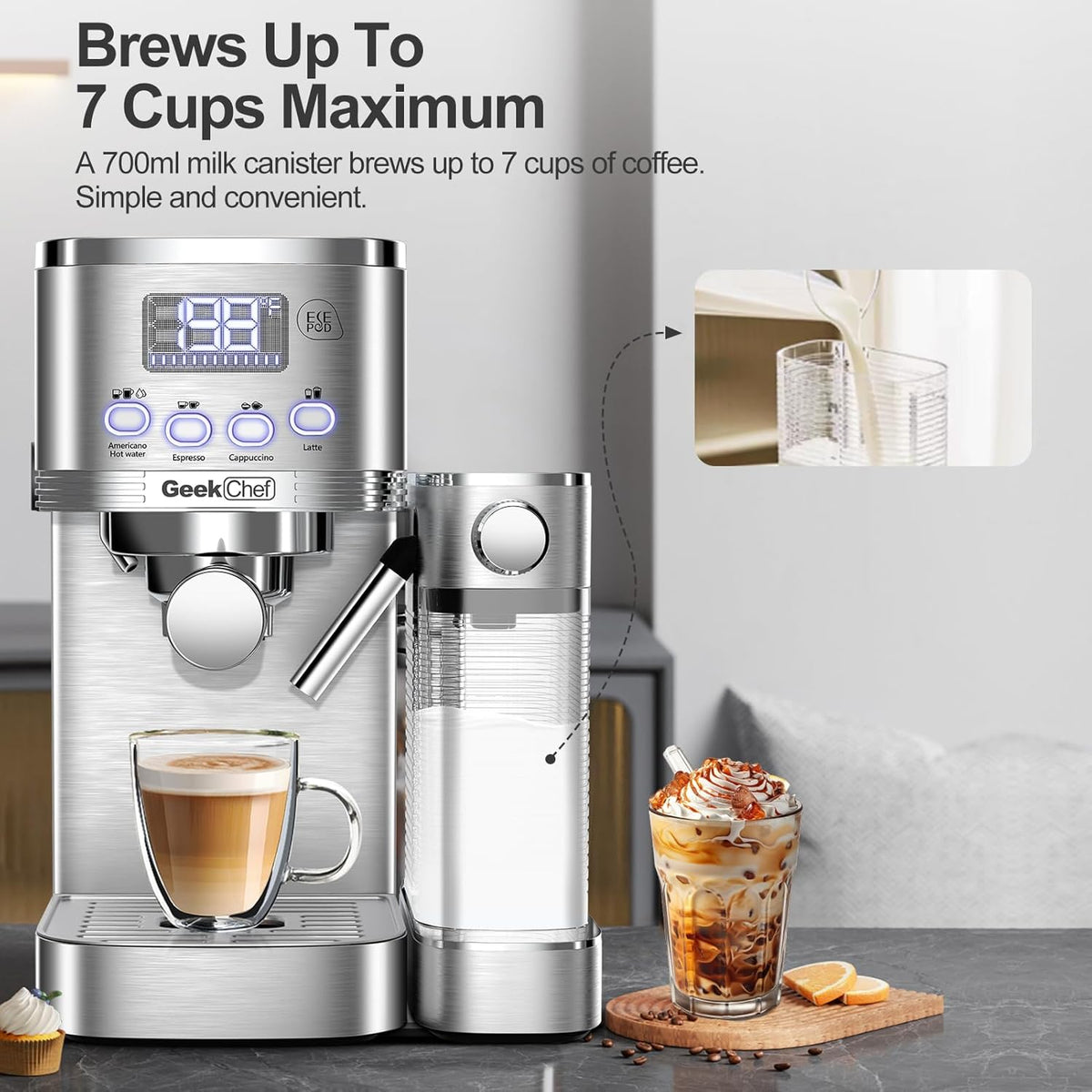7-in-1 Espresso Machine with Automatic Milk Frother, 20 Bar, Stainless Steel N30776