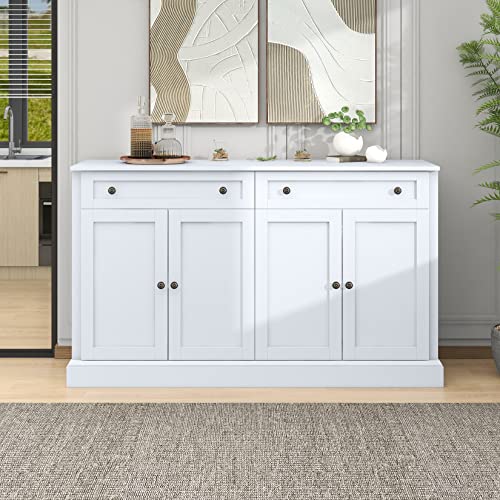 60" White 4-Door Sideboard Buffet with 2 Drawers and Adjustable Shelves E7482