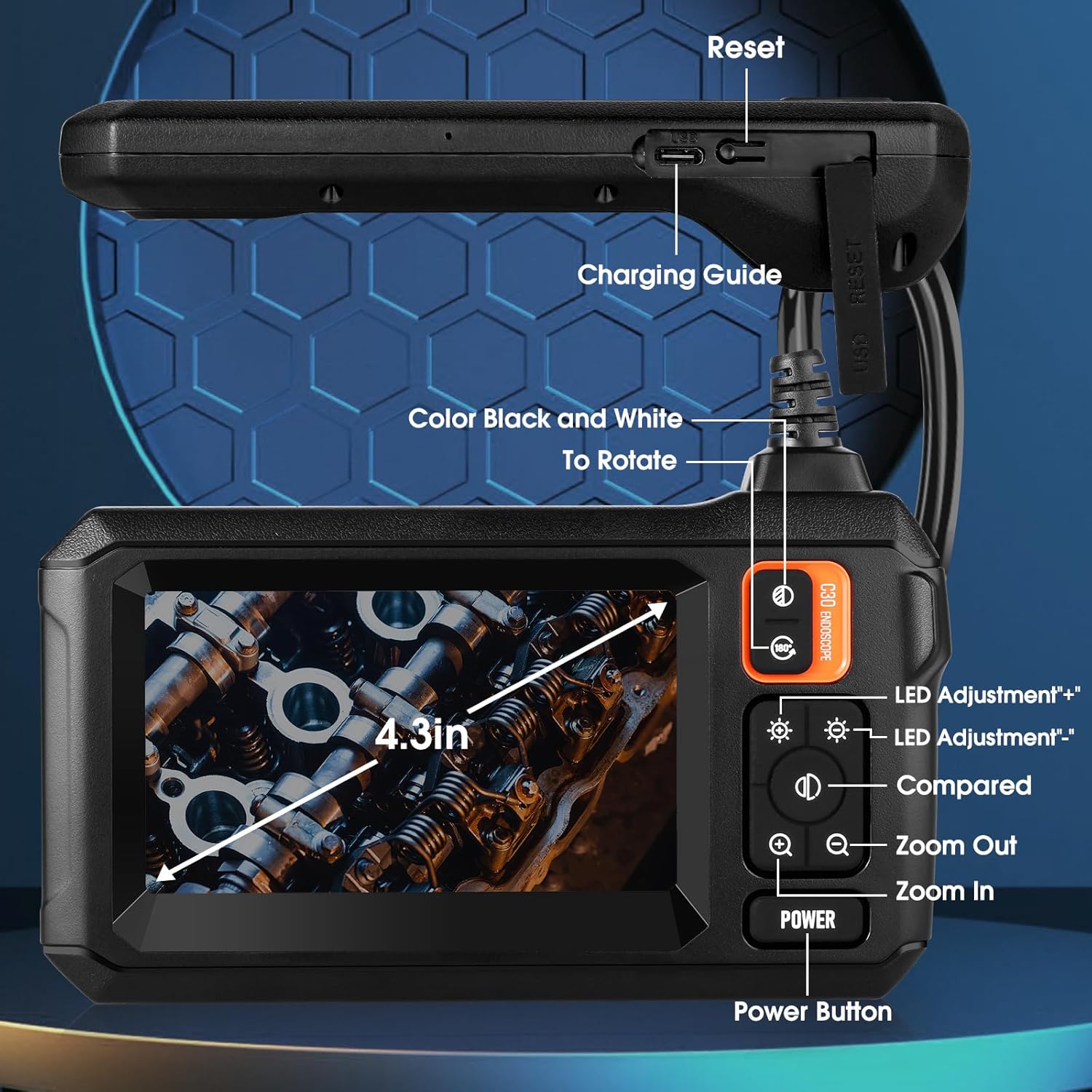4.3'' LCD Screen HD Digital Snake Camera with 16.5FT Semi-Rigid Cable F462