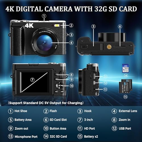 48MP Digital Camera with 16X Digital Zoom, 3" Flip Screen, 2 Batteries L645