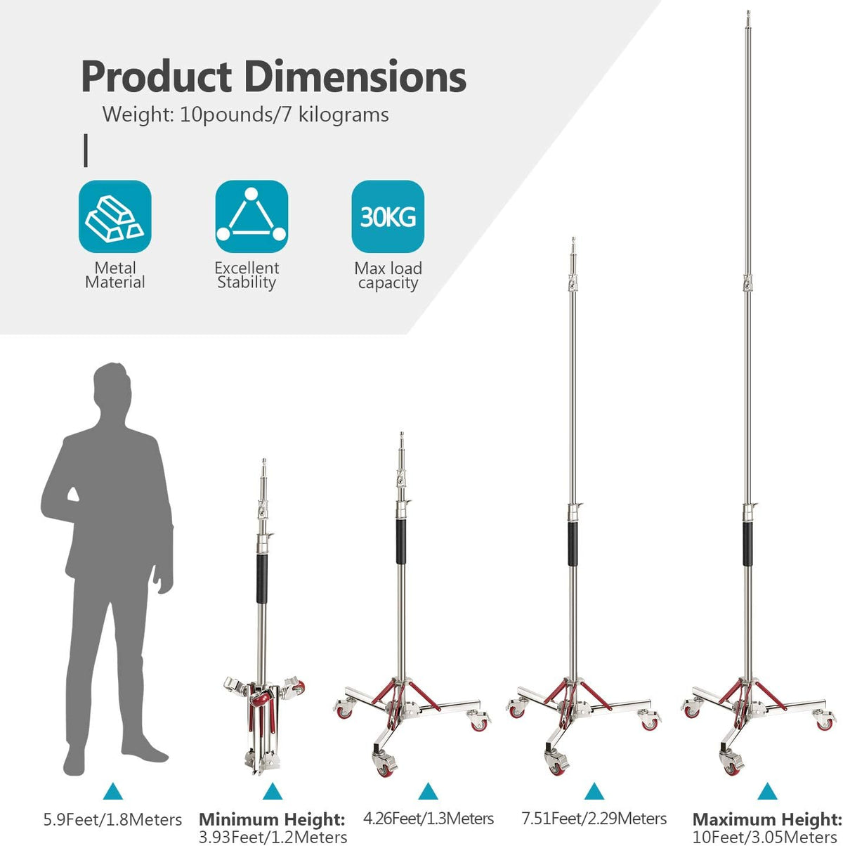Heavy Duty Light Stand with Casters, Adjustable Tripod Stand, 100% Stainless Steel, Max Height: 10ft/305cm V99131