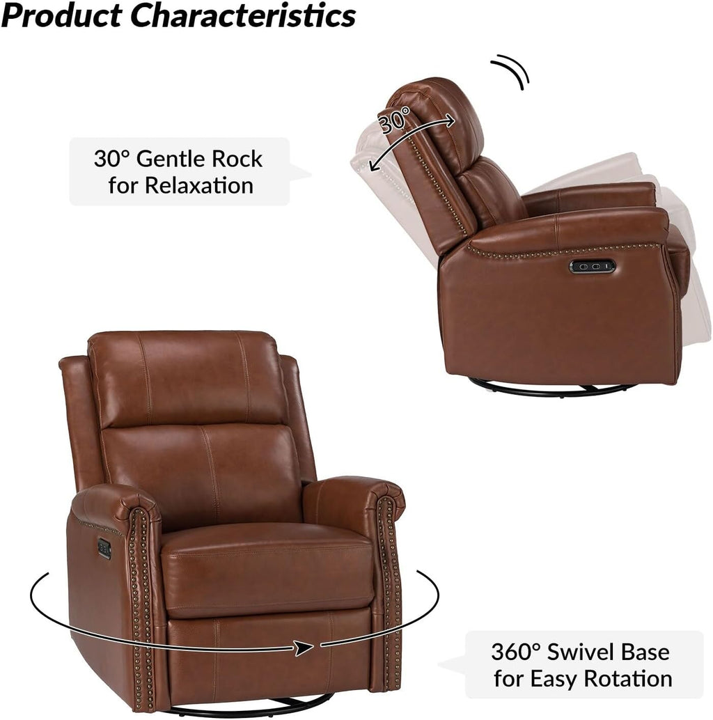 Genuine Leather Power Swivel Recliner with Metal Base V437