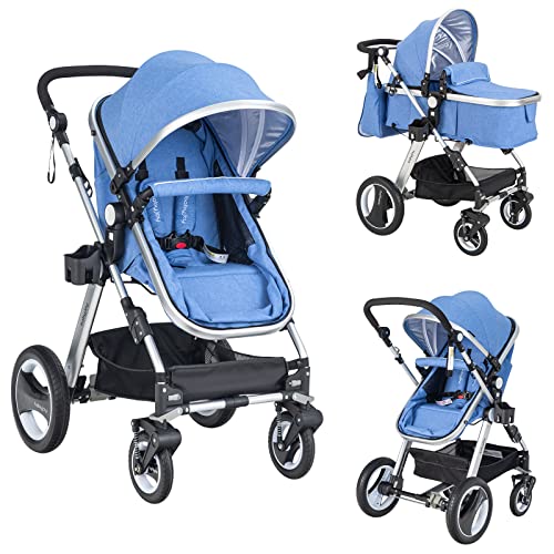 2-in-1 Convertible Bassinet Reclining Stroller with 5-Point Harness, Aluminum Structure, Khaki F85350