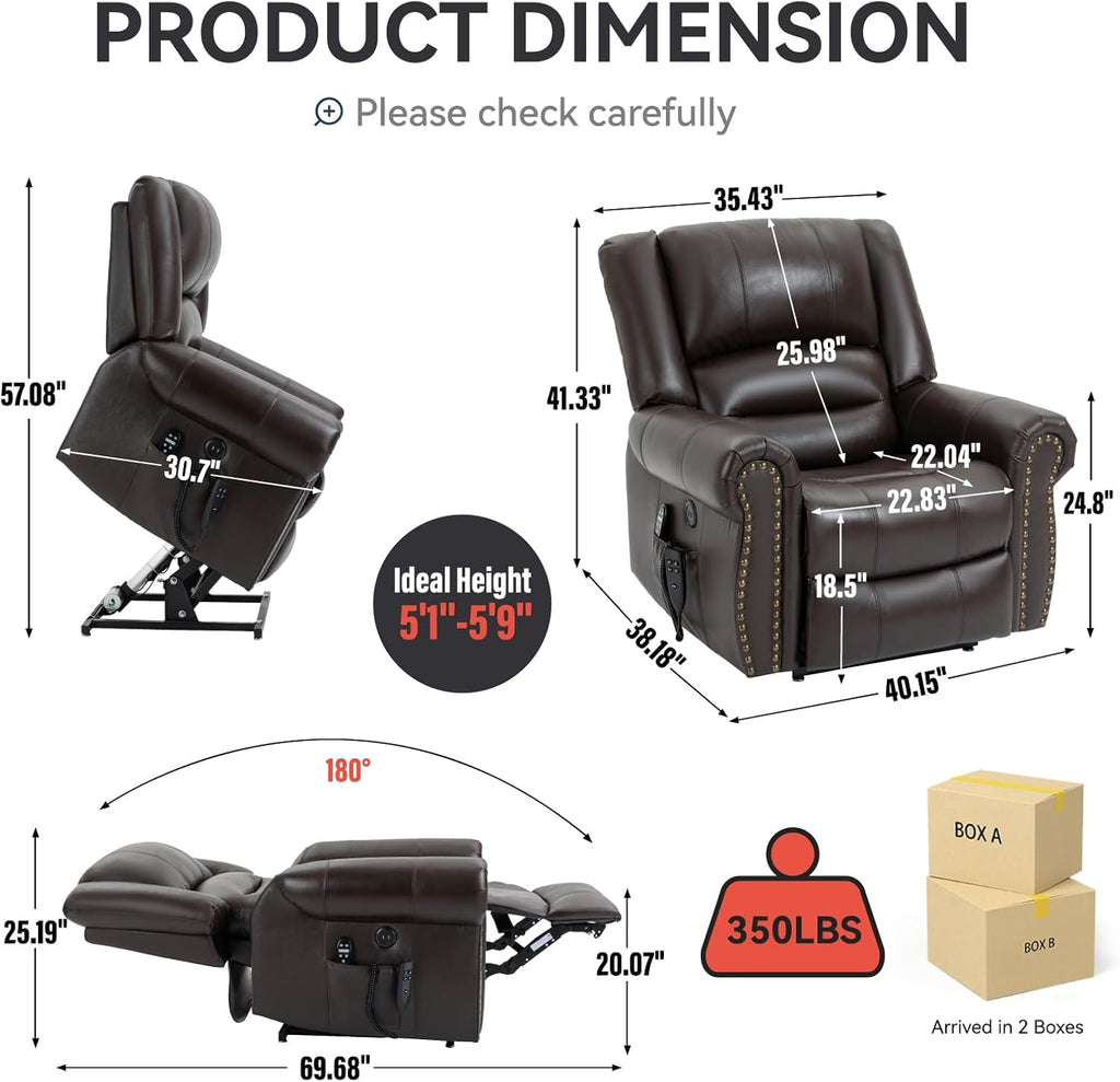 Brown Genuine Leather Power Lift Recliner Chair with Heat Massage M553795