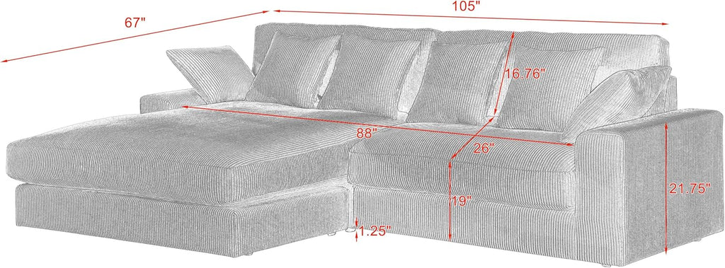 Oversized Corduroy L Shaped Sectional Sofa with Chaise Lounge E691