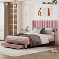 Queen Size Pink Velvet Upholstered Wood Platform Bed with Drawer I9098