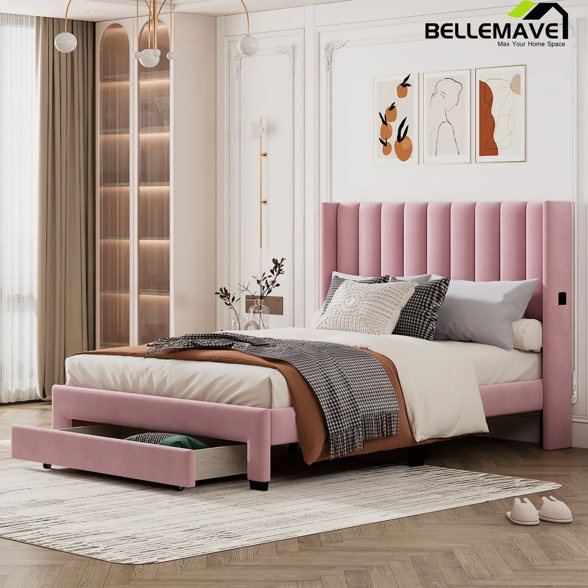 Queen Size Pink Velvet Upholstered Wood Platform Bed with Drawer I9098