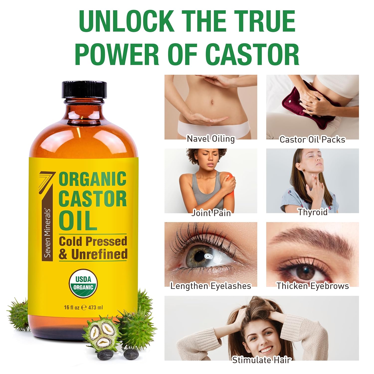16 fl oz Glass Bottle Castor Oil Organic Cold Pressed Unrefined T299