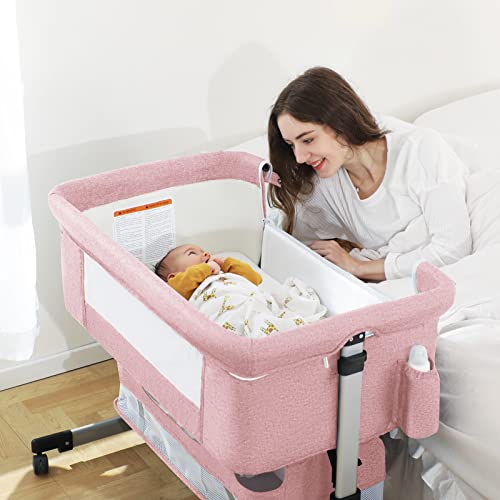 Pink Baby Bassinet Bedside Sleeper with Storage Basket Q500