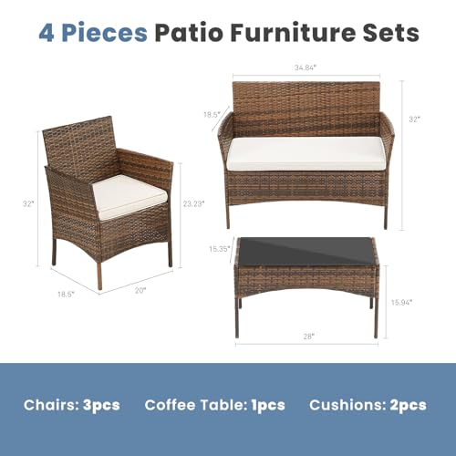 Black 4 Piece Outdoor Wicker Patio Furniture Set with Coffee Table and Sofa Q525845