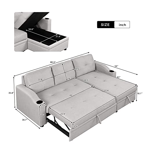 80.3" Linen Fabric 3 Seater Sofa Bed with Storage Chaise W1995