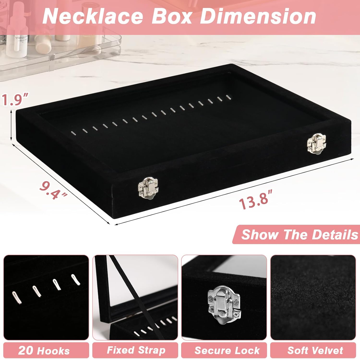 20 Hooks Velvet Jewelry Tray Necklace Organizer Box with Clear Lid M1059