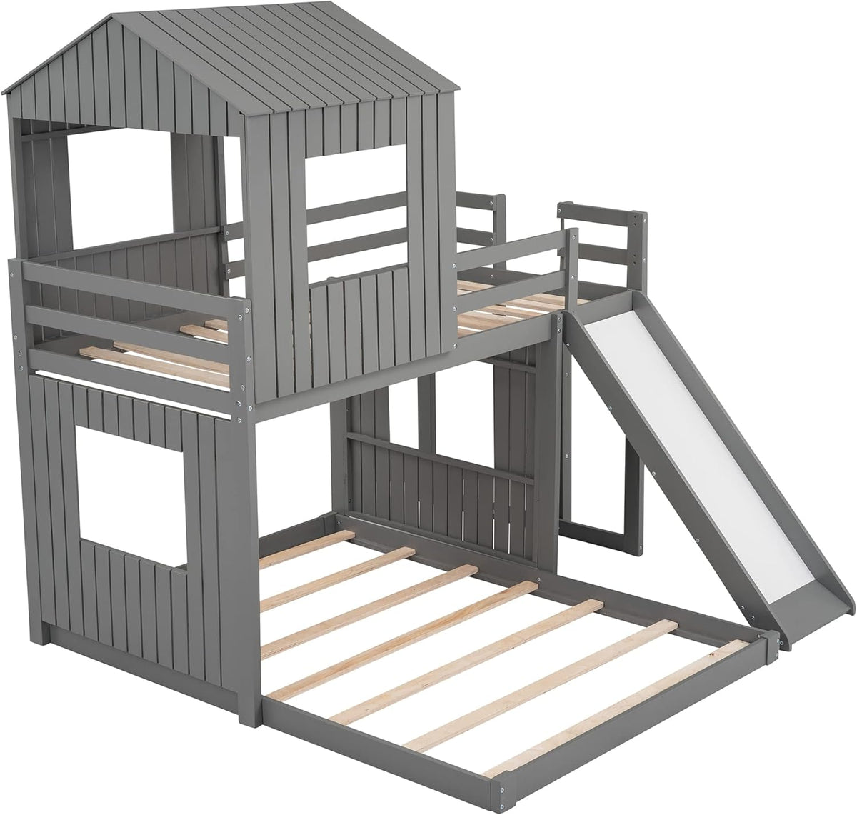 Gray Wood Twin Over Full Bunk Bed with Ladder and Slide R428
