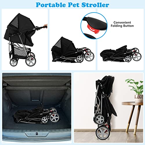 4 Wheels Folding Pet Stroller with Storage Basket and Adjustable Canopy K43758