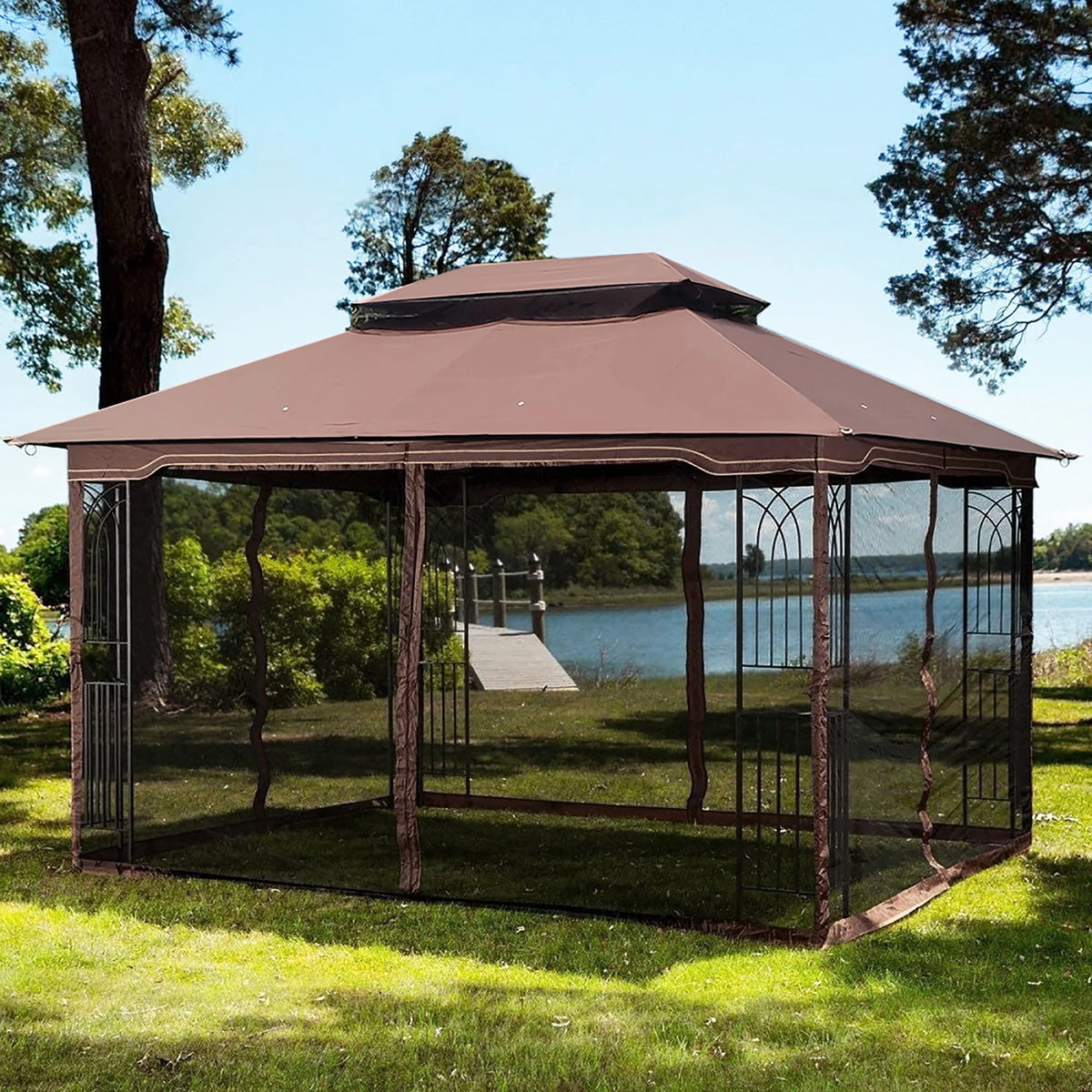 Brown Outdoor Patio Gazebo Canopy Tent With Mosquito Net A7889