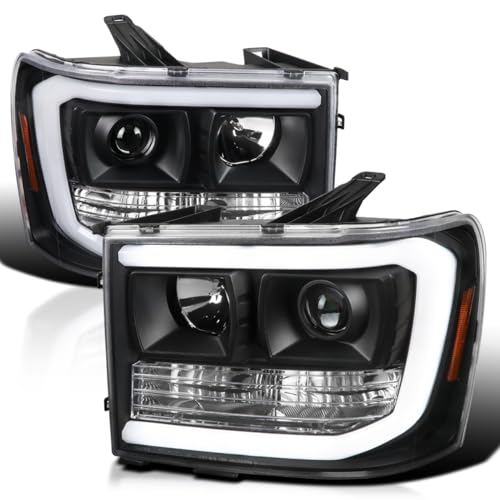 LED Light Bar Chrome Housing Projector Headlights for GMC Sierra 1500 2500HD 3500HD Left Right Pair Headlamps Assembly R4309