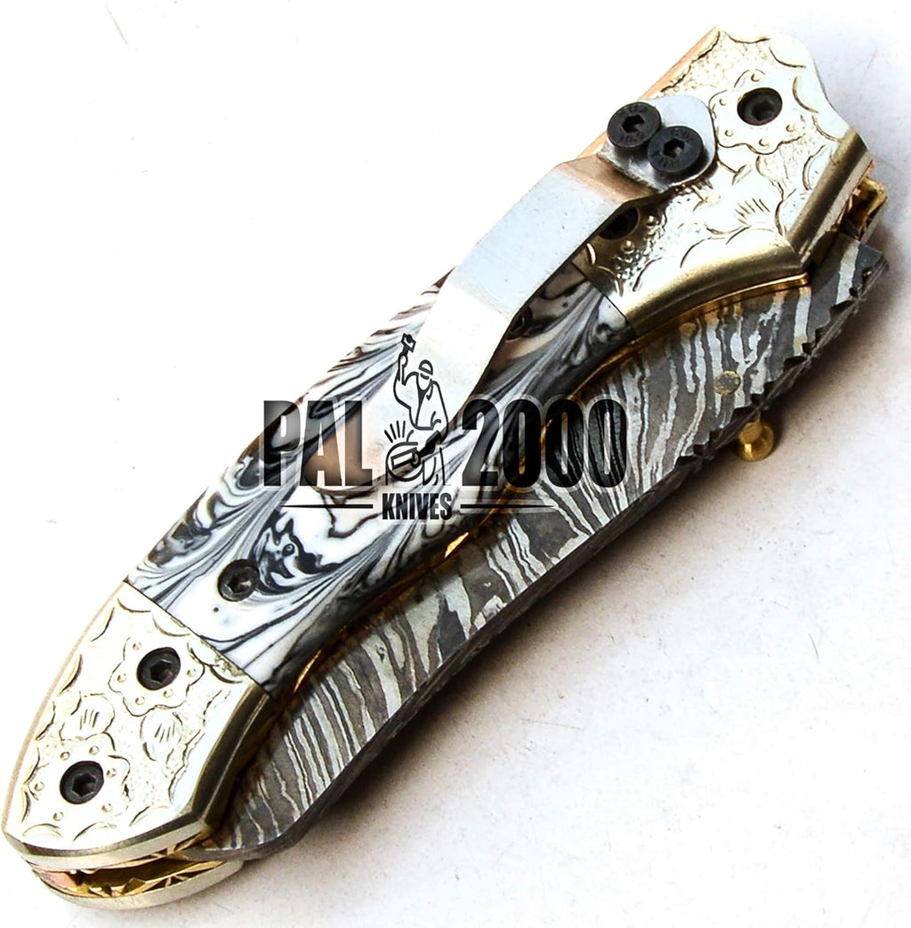Handmade Damascus Steel Folding Pocket Hunting Knife with Sheath G210