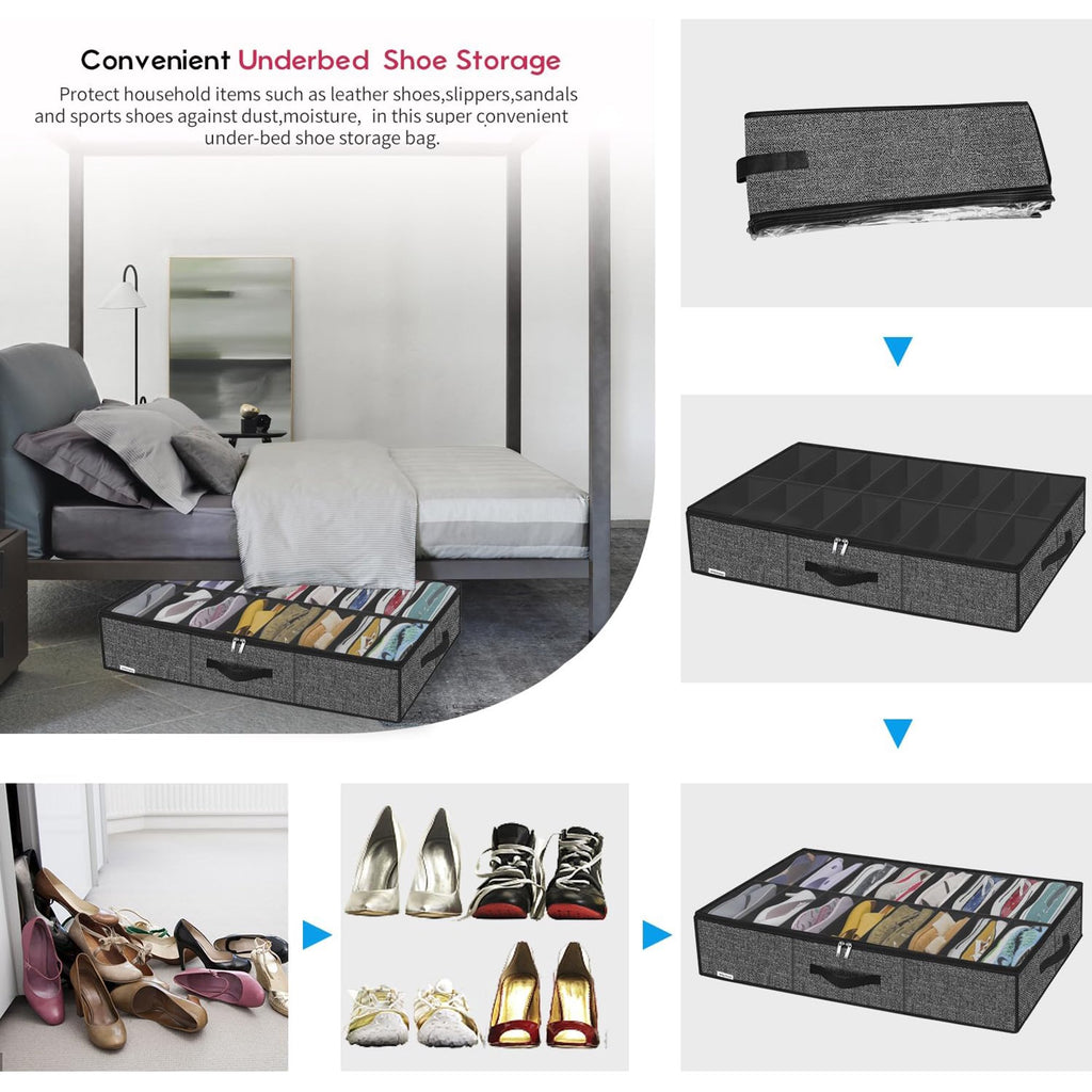 Black Linen-like Underbed Shoe Storage Organizer U8950