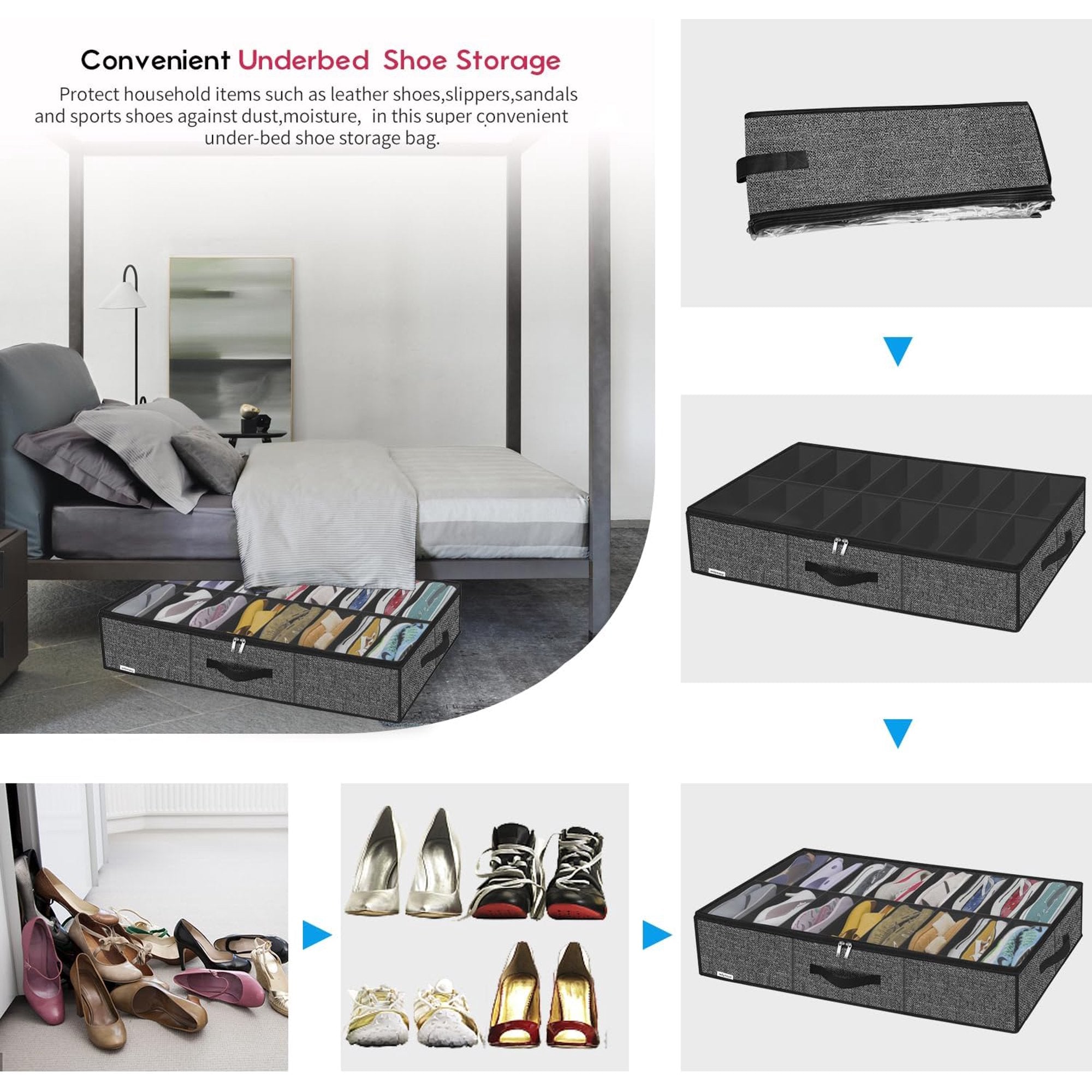 Black Linen-like Underbed Shoe Storage Organizer U8950
