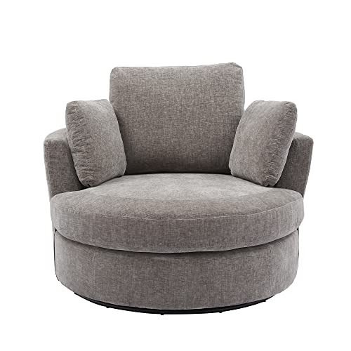 Beige Oversized Round Chenille Swivel Accent Barrel Chair with 3 Pillows R553858