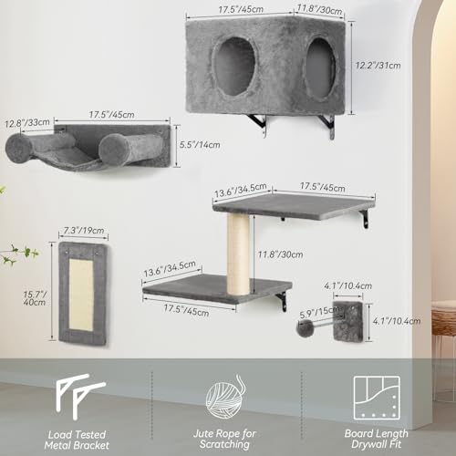 5-in-1 Wall-Mounted Cat Climber Set with House, Bridge, Steps, Scratcher, Hammock, Shelves Q44124