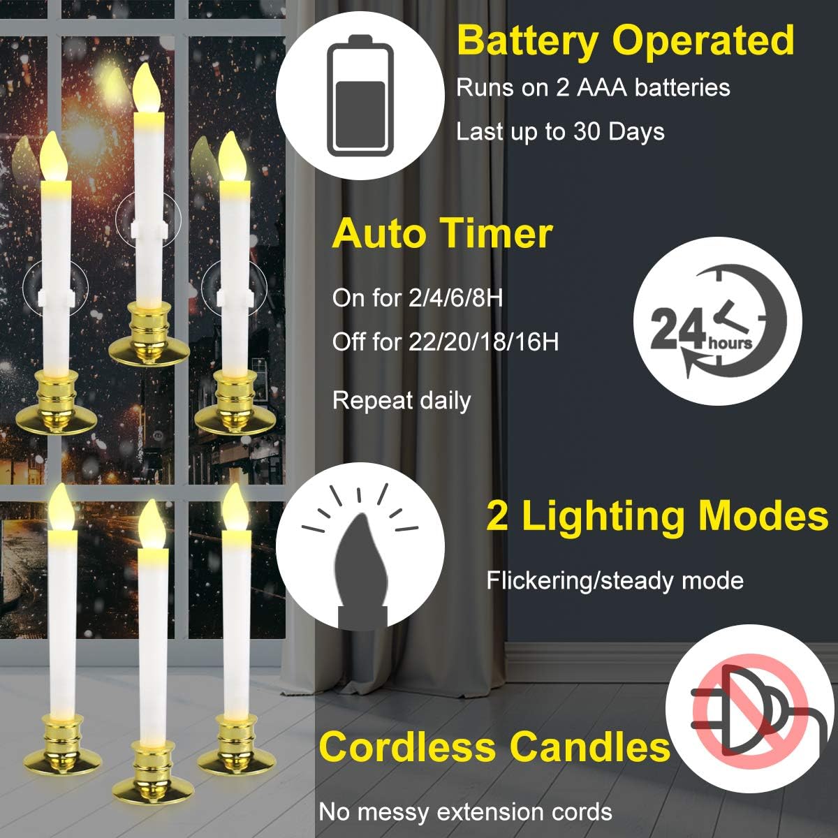 6 Set Gold LED Flameless Taper Candles with Timer C470