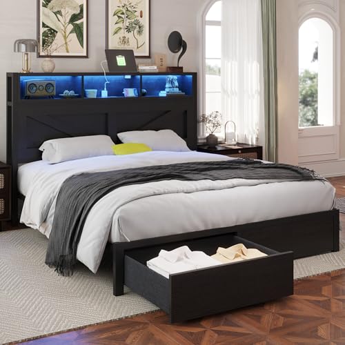 Rustic Brown Full Bed Frame with Bookcase Headboard and Storage Drawers Y8836