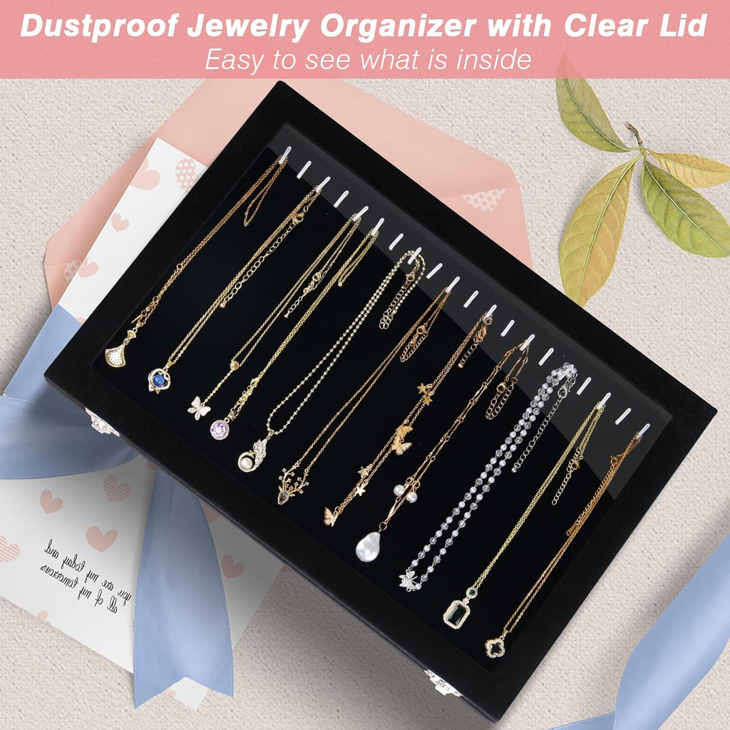 20 Hooks Velvet Jewelry Tray Necklace Organizer Box with Clear Lid M1059