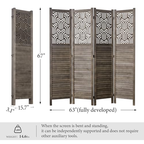 4 Panel Gray Wood Carved Folding Room Divider P4471