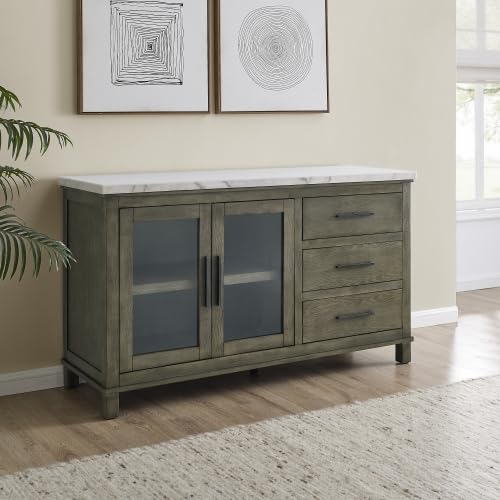 White Marble Top Server Dark Brown Sideboard Buffet Coffee Bar Cabinet R389
